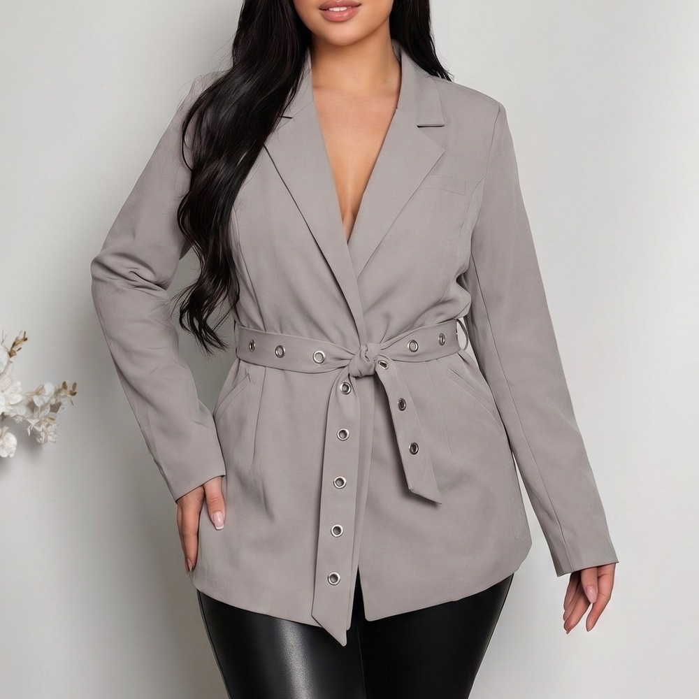 Venus Lightweight Open Front Collared Belted Gray Jacket Size 14